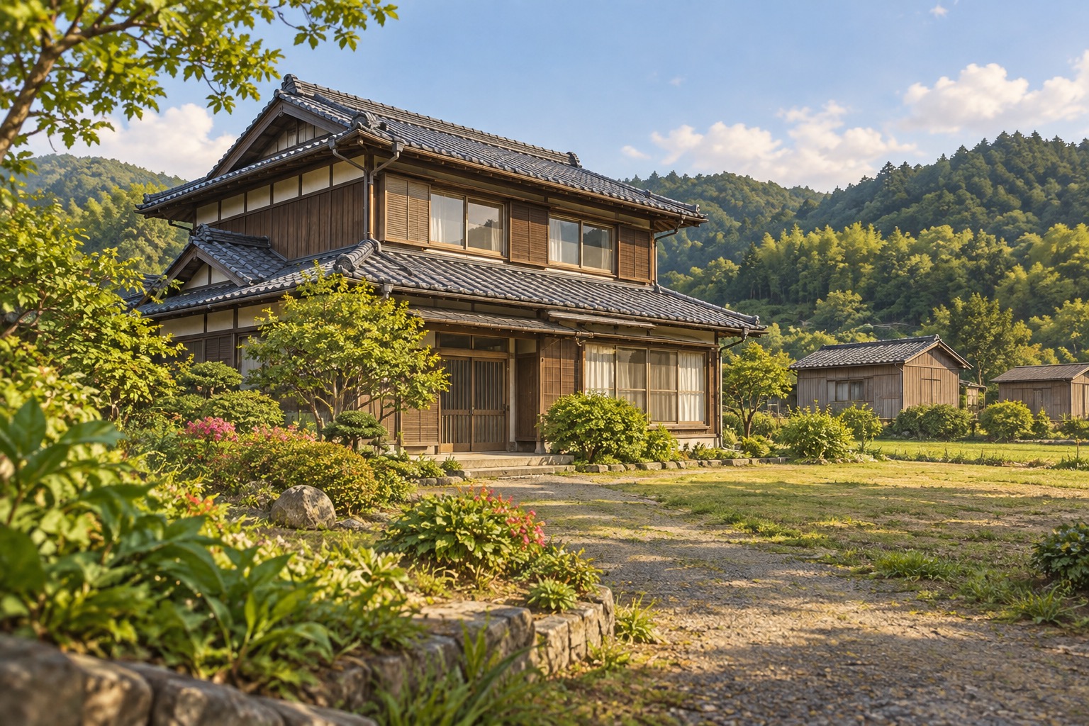 AI-generated conceptual illustration for the two-storey timber house listing in Ogomo, Yame; not the actual property