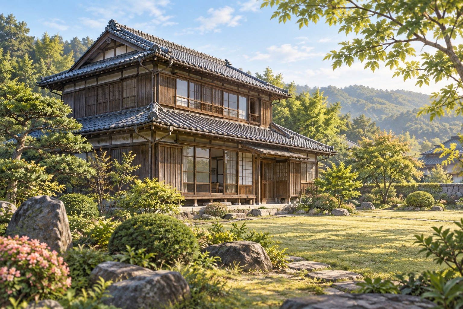 AI-generated conceptual illustration for the two-storey timber house listing in Tsunoe, Yame; not the actual property