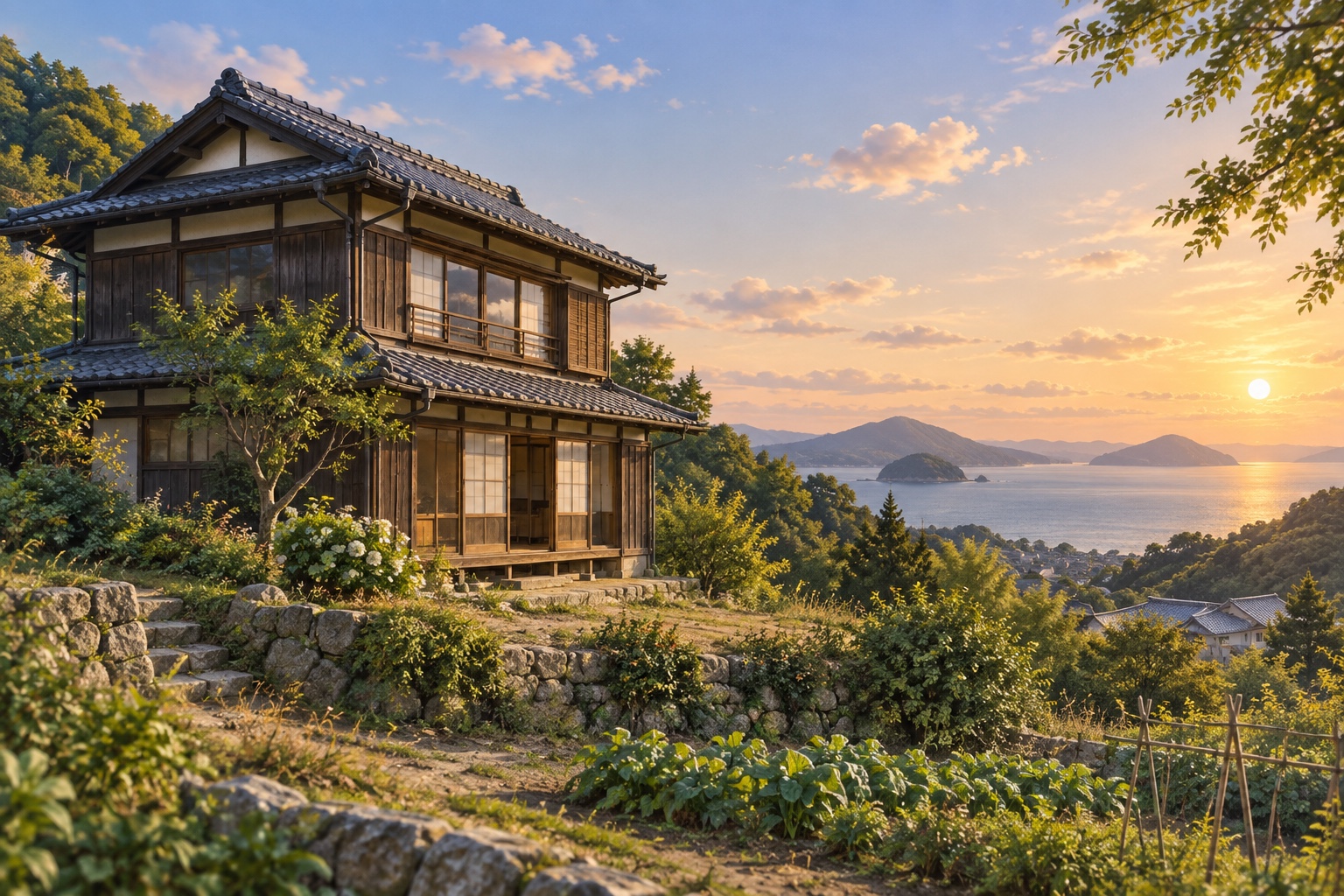 AI-generated conceptual illustration of a generic timber hillside house in Yanai; not the actual property