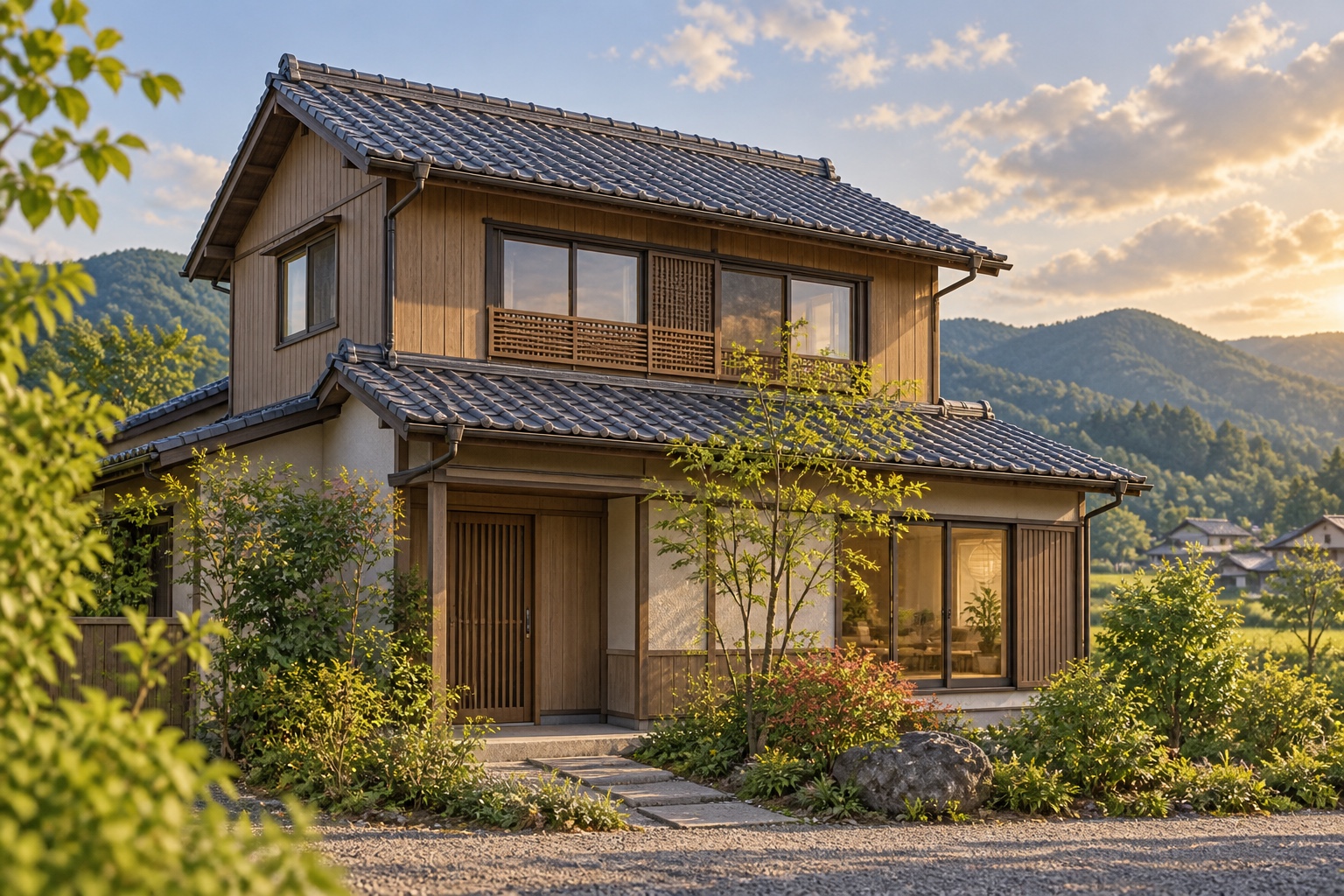 AI-generated conceptual illustration of a generic timber two-storey house in rural Kyoto; not the actual property