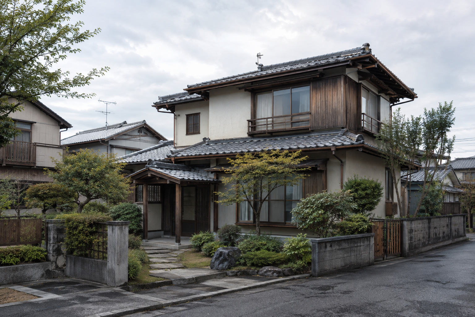 AI-generated conceptual illustration of a generic older timber house in a Kyushu neighborhood; not the actual Yukuhashi property