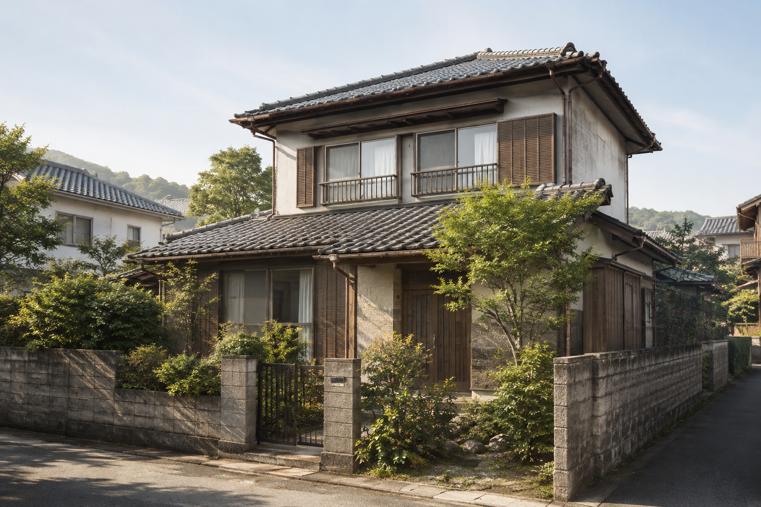 AI-generated conceptual illustration of a generic detached house in a Kyushu residential neighborhood; not the actual Yukuhashi property