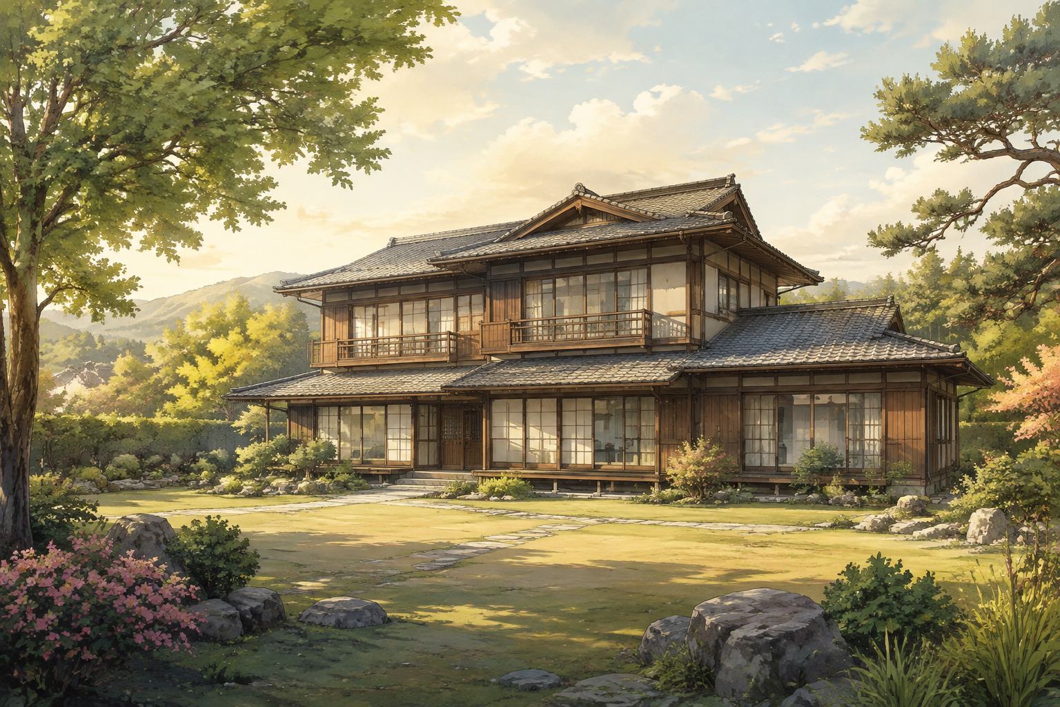 AI-generated conceptual illustration of a generic spacious timber home on a broad Kyushu plot; not the actual Yukuhashi property