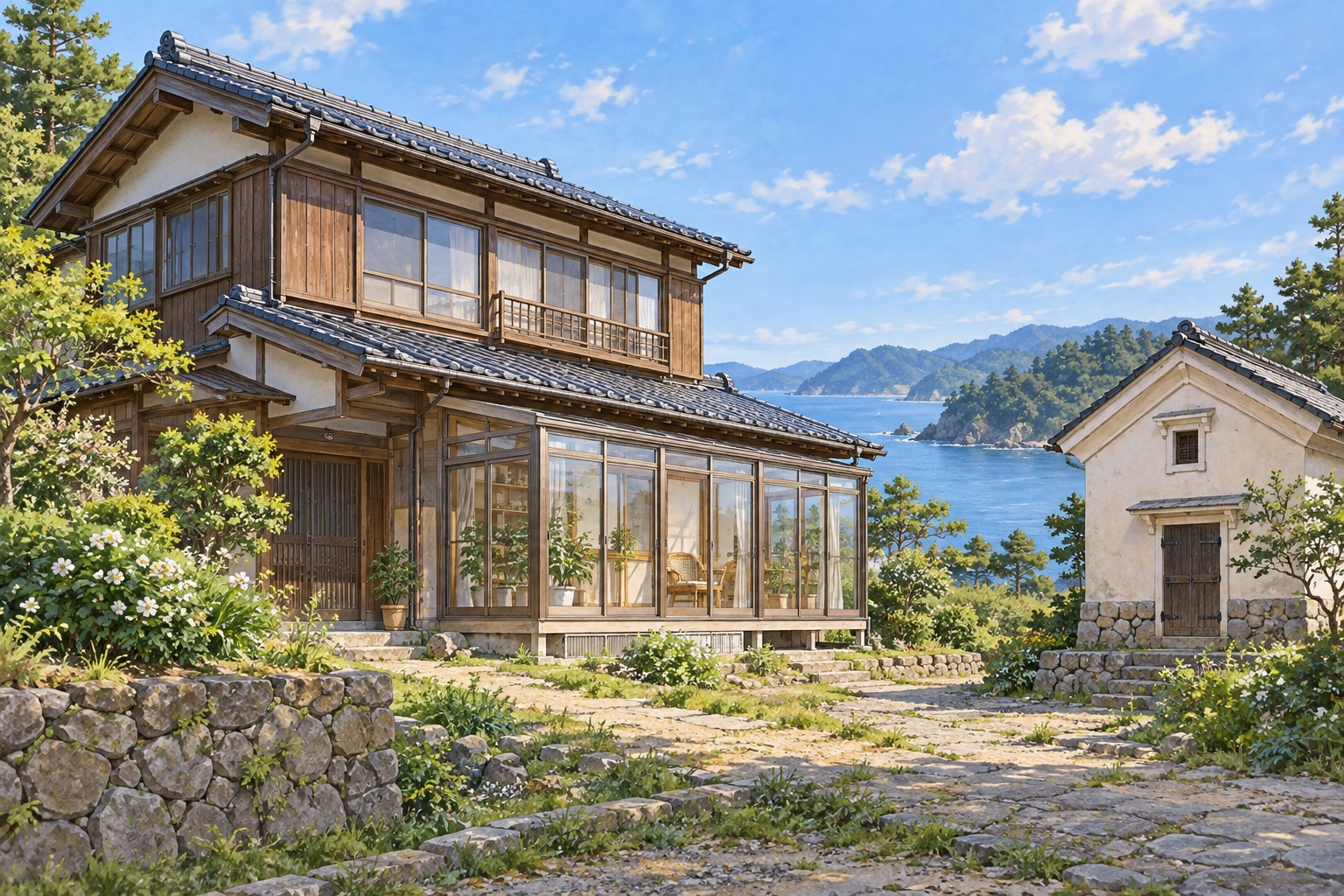 AI-generated conceptual illustration of a generic two-storey timber home with a sunroom and storehouse in Yamagata; not the actual property